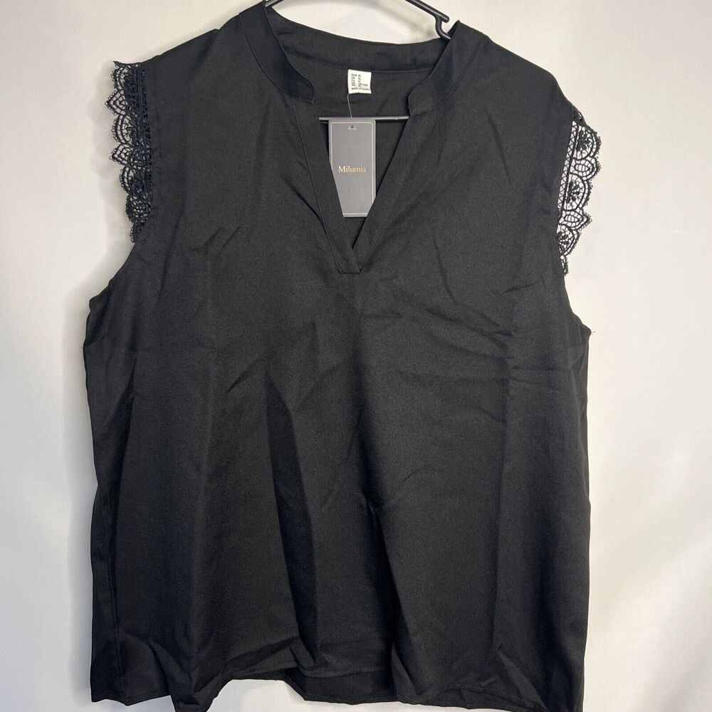 Milumia Womens XL Elegant Notch V Neck Sleeveless Blouse Lace Work Office